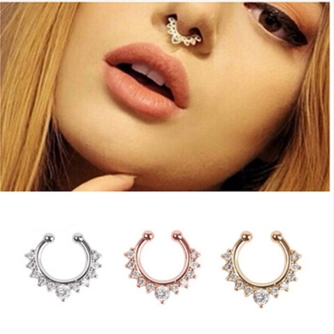 Luxury Alloy Rhinestone Faux Septum Ring Clip On Non Pierced Fake Nose Ring U Shaped Body Jewelry For Women Men Accessory