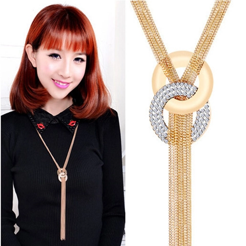 Mode Legierung Strass Doppelschleife Quaste Lange Anhänger Halskette Für Damen Elegante Pullover Kette Schmuck Zubehör
