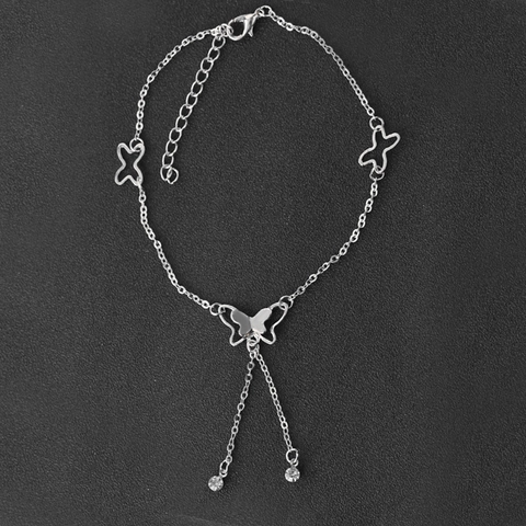 Bohemian Butterfly Rhinestone Tassel Anklet For Women Rose Gold Silver Plated Alloy Adjustable Foot Chain Summer Beach Jewelry