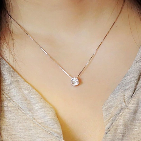 Minimalist 925 Silver Plated 6-Prong Round Zirconia Solitaire Pendant Necklace For Women Elegant Box Chain Jewelry Gift