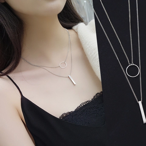 Double Layer Alloy Geometric Necklace With Round Ring And Vertical Bar Pendant For Women Minimalist Style Neck Jewelry