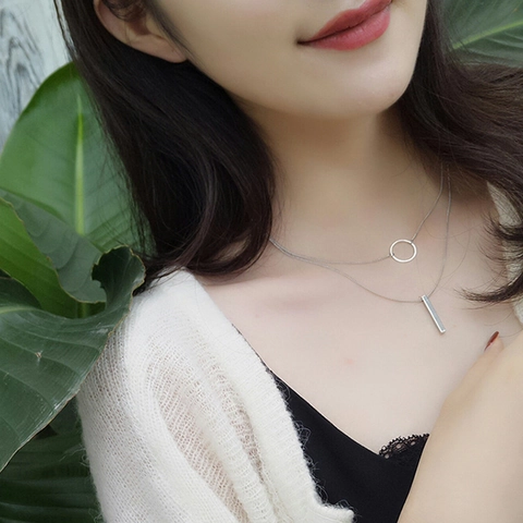 Double Layer Alloy Geometric Necklace With Round Ring And Vertical Bar Pendant For Women Minimalist Style Neck Jewelry
