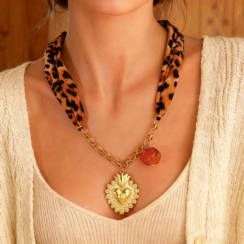 Bohemian Stainless Steel Heart Evil Eye Pendant Necklace With Leopard Print Satin Scarf And Orange Resin Bead For Women