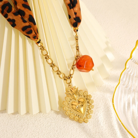 Bohemian Stainless Steel Heart Evil Eye Pendant Necklace With Leopard Print Satin Scarf And Orange Resin Bead For Women