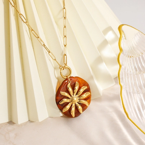 Vintage 18K Gold Plated Stainless Steel Resin Sunflower Disc Pendant Necklace Bohemian Geometric Rhinestone Jewelry For Women