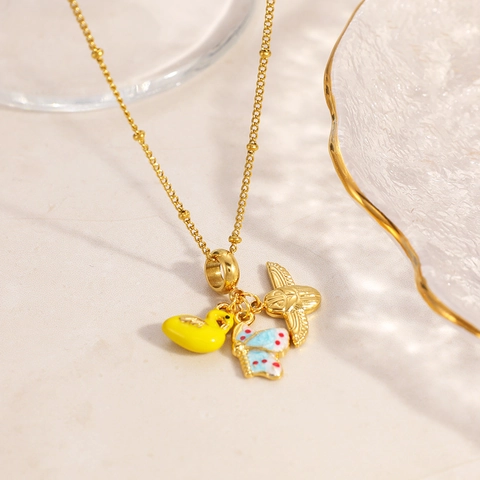 Fashion Stainless Steel Necklace With Multi-Element Enamel Pendants Heart Sun Moon Airplane Travel Jewelry For Women