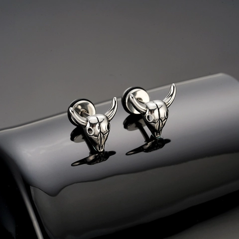 Titanstahl Ochsenschädel Ohrstecker Vintage Punk Gothik Hip Hop Schraubverschluss Silber Farbe Schmuck Geschenk Für Herren Damen