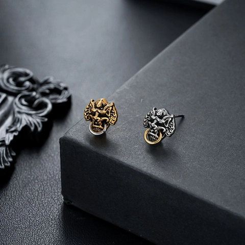Retro Copper Mythical Beast Head Stud Earrings Chinese Style Punk Jiaotu Door Knocker Metal Ring Jewelry For Men Women