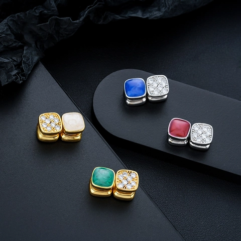 Clips d'oreilles Magnétiques en Zircon Tibétain Vintage Cuivre Carrés Boucles d'oreilles Sans Perçage pour Hommes Femmes Bijoux
