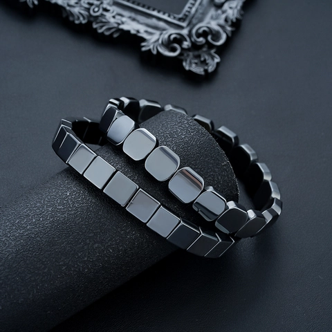 Men's Hematite Beaded Bracelet Fashion Square Stone Elastic Hand Chain Minimalist Geometric Jewelry Accessories For Men