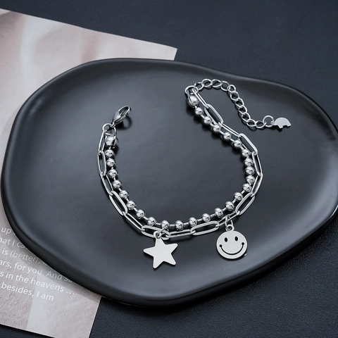 Double Layered Titanium Steel Bracelet With Smiley Face And Star Pendants Polished Trendy Fashion Jewelry For Men And Women