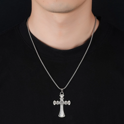 Vintage Crown Cross Pendant Necklace Titanium Steel Alloy Distressed Gothic Punk Hip Hop Men Jewelry Retro Metal Chain Necklace