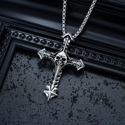 Gothic Skull Cross Pendant Necklace Vintage Distressed Titanium Steel Alloy Jewelry Hip Hop Sword Style For Men Women
