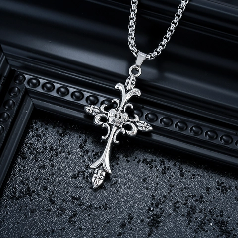Collana Con Pendente a Croce Gotica Vintage Catena Box in Acciaio al Titanio Rilievo Corona Lega Gioielli Punk Hip Hop
