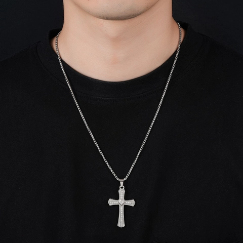 Mode Kruis Hanger Ketting Voor Mannen Vrouwen Roestvrij Staal Zirkonia Religieuze Hip Hop Sieraden Zilverkleurige Ketting