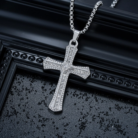 Mode Kruis Hanger Ketting Voor Mannen Vrouwen Roestvrij Staal Zirkonia Religieuze Hip Hop Sieraden Zilverkleurige Ketting