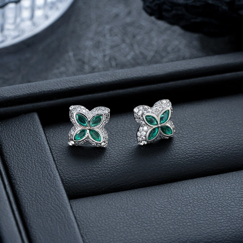 Luxury Green Marquise Zirconia Flower Stud Earrings Copper White Rhinestone Four Leaf Clover Earrings Steel Pin Jewelry