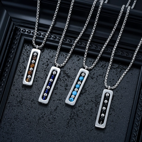Titanstahl Rechteckiger Anhänger Halskette Mit Natursteinperlen Geometrische Box Kette Für Herren Damen Unisex Modeschmuck