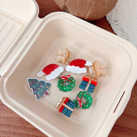 Christmas Mini Acrylic Gingerbread Man Santa Hat Wreath Gift Box Hair Clips For Women Girls Cute Holiday Hair Accessories