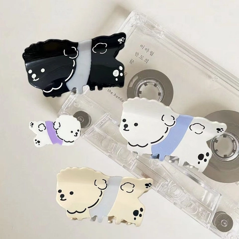 Pince à Cheveux en Acétate Chien de Dessin Animé Faite à la Main Forme de Bichon Caniche Motif de Pull à Rayures Accessoire Cheveux Brillant Femme