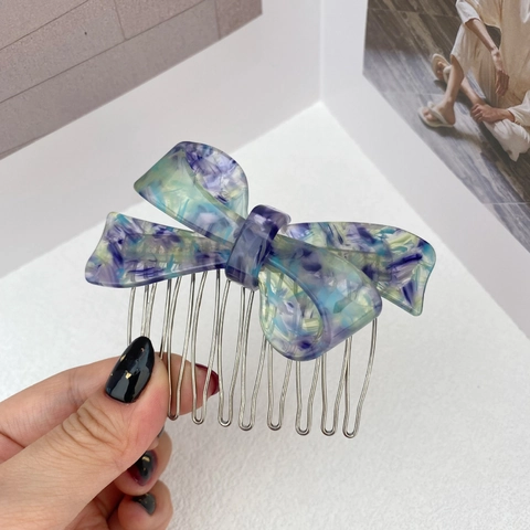 Acetaat Strik Haarkam voor Dames Vintage Marmer Bloemenprint Insteekkam Metalen Tanden Styling Accessoire