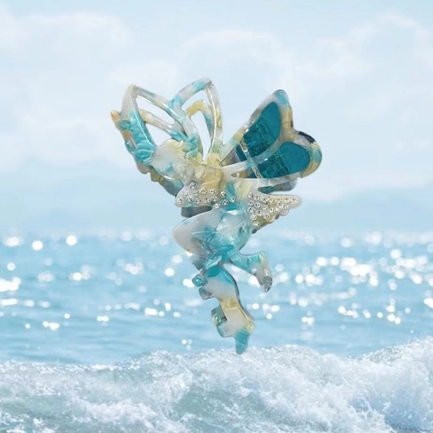 Acetate Fairy Wing Butterfly Hair Claw Clip With Rhinestone Elegant Marble Pattern Shark Clip Hair Accessories For Women