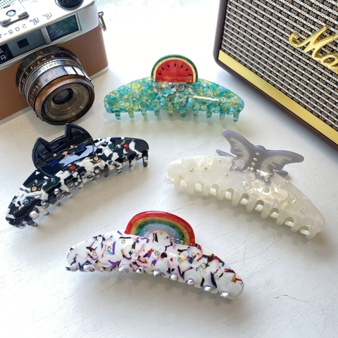 Pinza per Capelli in Acetato con Strass Farfalla Gatto Arcobaleno Grande Motivo Animale Texture Marmorea per Donna