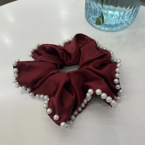 Scrunchie Vintage in Velluto e Raso con Perle per Donna Eleganti Elastici per Capelli Bordeaux e Neri Grandi Accessori Moda Capelli