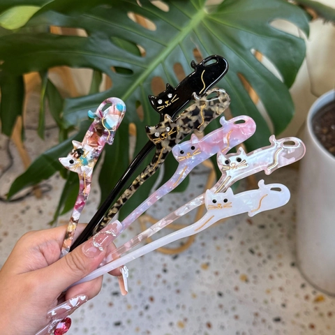 Cute Cat Acetate Hair Stick With Rhinestones Sweet Vintage Animal Shape Hair Fork For Women Girls Hair Styling Accessory