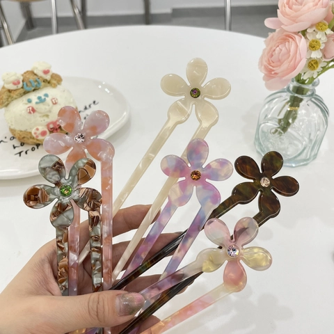 Acetat Blume Haarstab Mit Strass Vintage U-Form Haarnadel Elegant Styling Gabel Für Damen Haarschmuck