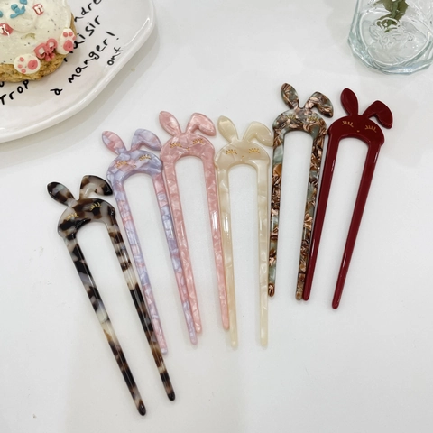 Acetate Rabbit Ear U-Shaped Hair Stick For Women Girls Sweet Marble Texture Hair Pin Ancient Style Bun Maker Hair Accessory