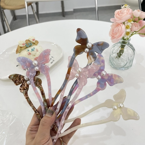 Cellulose Acetate Butterfly Hair Stick For Women Sweet Antique Style Faux Pearl Hair Fork Marble Pattern Hair Accessories