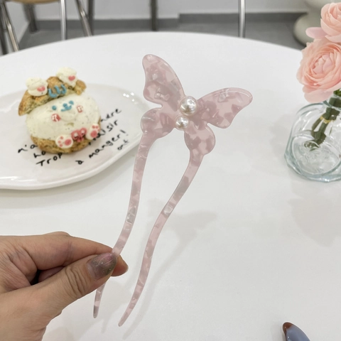 Cellulose Acetate Butterfly Hair Stick For Women Sweet Antique Style Faux Pearl Hair Fork Marble Pattern Hair Accessories