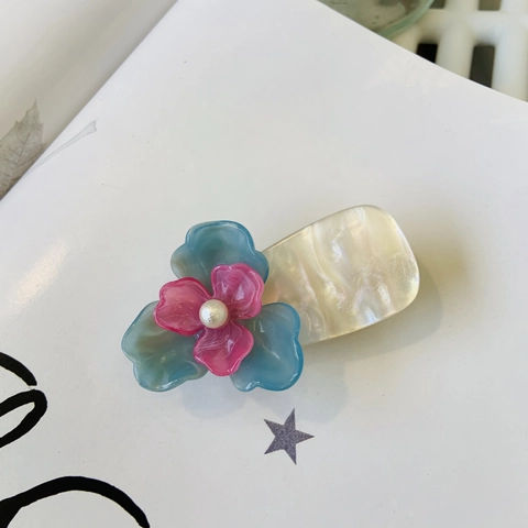 Pinza para el Pelo de Acetato de Celulosa Floral Dulce para Mujer Clip Lateral de Pico de Pato Irisado con Perla Artificial Y2K