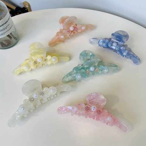 Pinza per Capelli a Fiore in Acetato Elegante Dolce Strass Perla Artificiale Fermaglio per Capelli Stile Coreano Accessori Donna