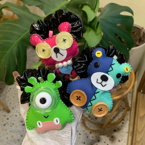 Handmade Cartoon Monster Bear PU Leather Scrunchies Sweet Patchwork Hair Ties With Artificial Pearl For Women Girls Hair Accessories
