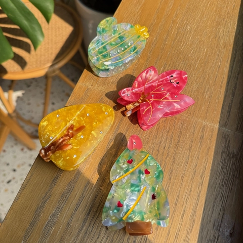 Pinza para el Cabello de Acetato para Mujer Árbol de Navidad Hoja de Membrillo Cactus Pinza de Tiburón Strass Tocado Personalizado