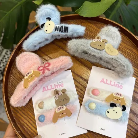 Pinces à Cheveux Mignonnes en Peluche Animal de Dessin Animé Lapin Chien Barrettes Douces en Fausse Fourrure Accessoires Cheveux pour Femmes Filles
