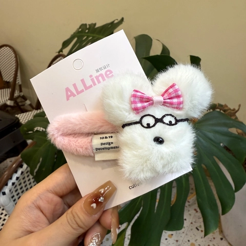 Simpatici Accessori per Capelli in Peluche a Forma di Cane Cartoon Con Occhiali e Fiocco Clip BB Elastico Scrunchie per Donna Ragazze Regalo Quotidiano