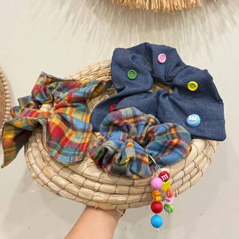 Scrunchie Dolce Candy Bean in Stile Coreano Con Bottoni Colorati Perline con Lettere Denim Plaid Elastico per Capelli Fatto a Mano Donna
