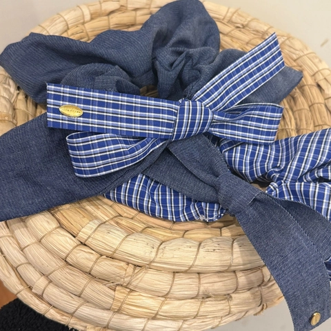 French Vintage Denim Plaid Bow Scrunchie Ruched Ruffle Edge Fabric Hair Tie Sweet Minimalist Ponytail Holder For Women