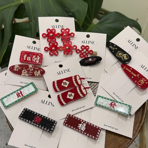 Chinese New Year Hair Clips Acrylic Alligator Clips Red Black Rhinestone Artificial Pearl Festive Hair Pins For Women