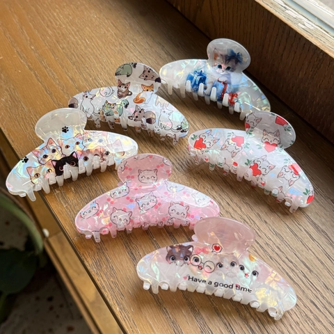 Fermaglio a Granchio Gatto Carino Iridescente in Acetato Cartone Animato Animale Cuore Pois Molletta per Capelli Donna