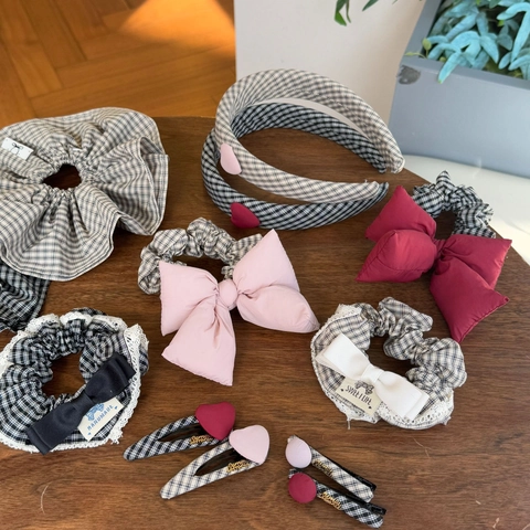 Ensemble d'Accessoires de Cheveux à Carreaux Coréens Doux Nœud Cœur Rose Chouchous Serre-têtes Barrettes Pour Femmes Filles