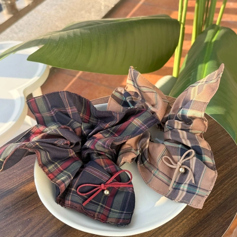 Vintage Plaid Scrunchies With Bow And Bell Academy Style Cotton Blend Hair Ties For Women Daily Hair Accessories