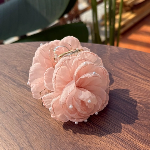 Pinza para el Cabello de Flor de Gasa Dulce con Perlas Artificiales de Imitación y Strass Clip de Tiburón Grande para Mujer Decoración