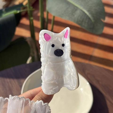 Simpatica Pinza per Capelli in Acetato a Forma di Cane Westie Cartone Animato Cucciolo Bianco Cappello Giallo Accessori per Capelli Donna