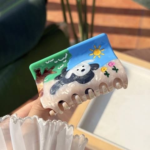 Schattige Cartoon Hond Bloem Celluloseacetaat Haarklem Voor Dames Grote Antislip Haarkrab Haarsieraden Handgemaakte Dier Bloem Haaraccessoires