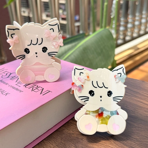 Cute Cat Shaped Acetate Hair Claw Clip Sweet Bow Heart Pattern Elegant Shark Clip Hair Accessory For Women Daily Styling