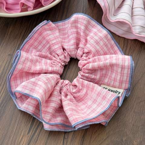 Coleteros de Tela Dulces Con Borde de Sobrehilado en Contraste Gomas de Pelo de Doble Capa a Rayas y Cuadros Accesorios para el Cabello Hechos a Mano